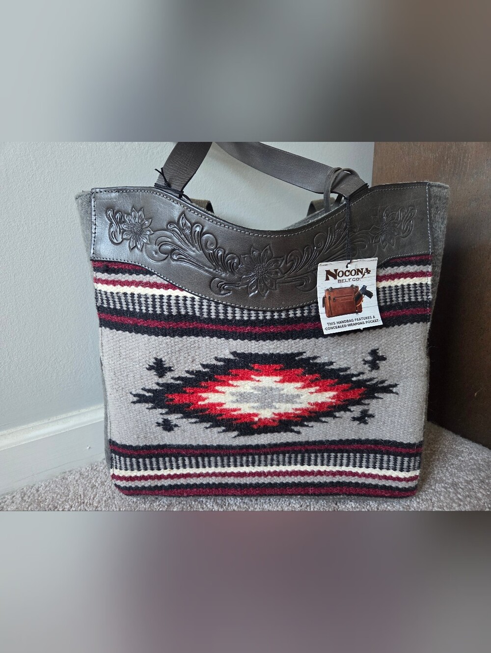 Nocona Southwestern Wool Tote Bag in Gray, Red & Black